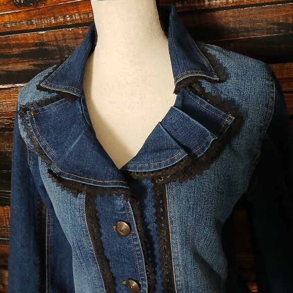 Pyramid Collection Jean Jacket L Lace Trim Peplum Blue Denim - Picture 4 of 9